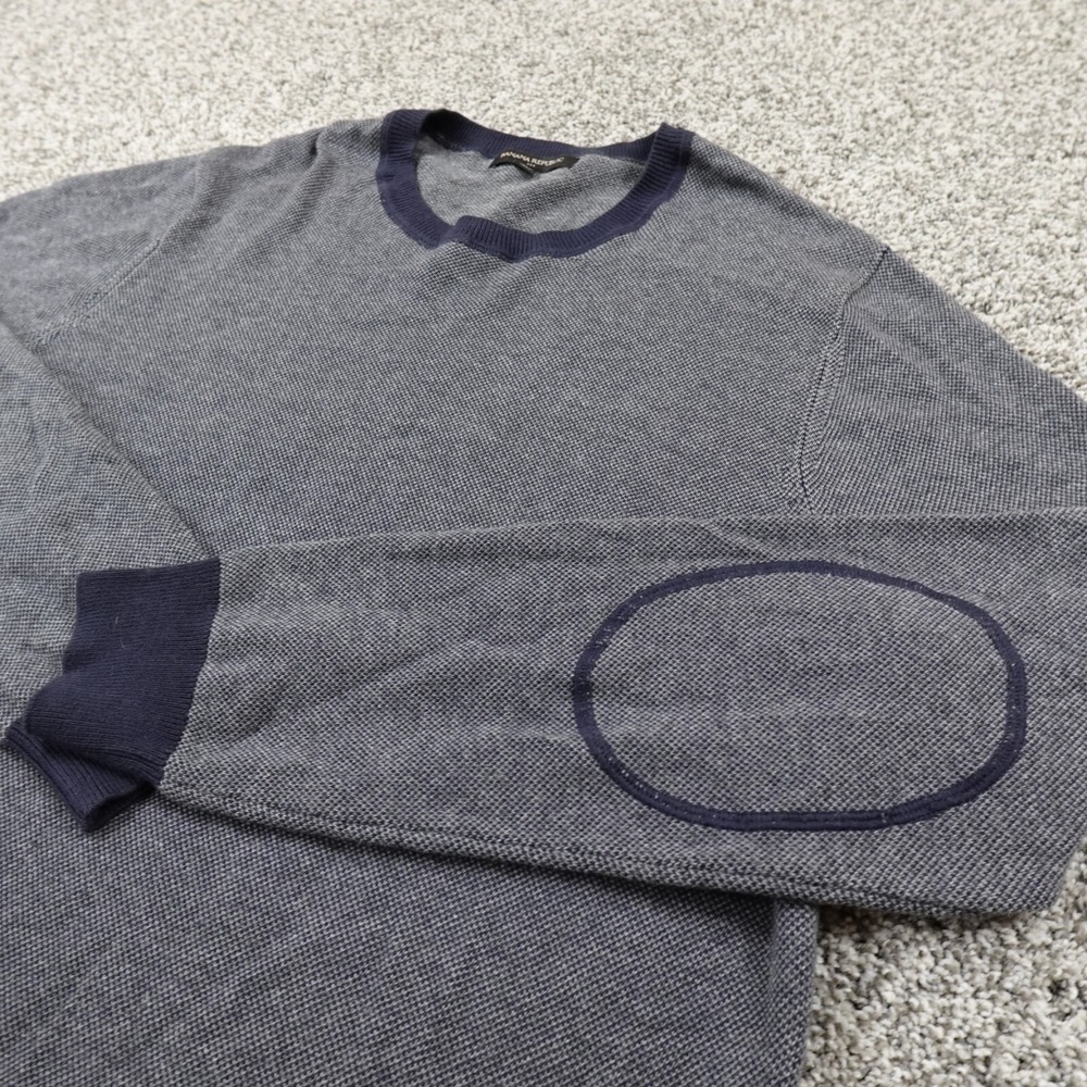 Banana‎ Republic Sweater Mens L Blue Gray Knit Elbow Patch Crewneck Sweatshirt